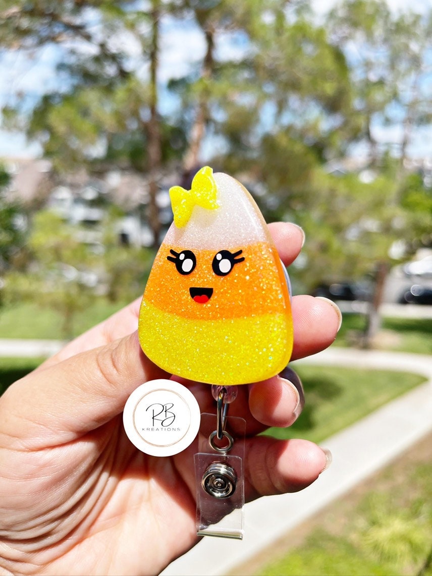 Cute Candy Corn badge reel, Candy Corn badge holder, retractable