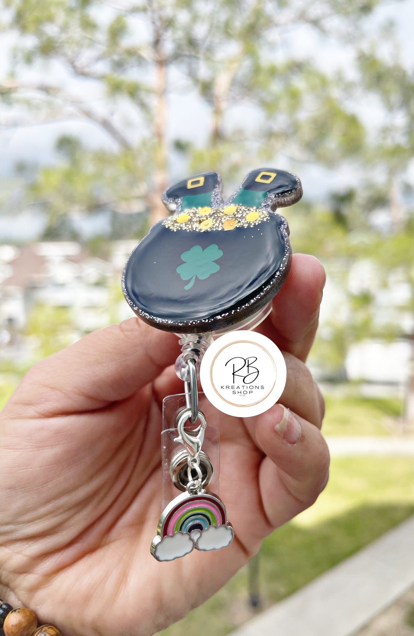 Pot of Gold badge reel, St. Patty's Day, glitter badge reel