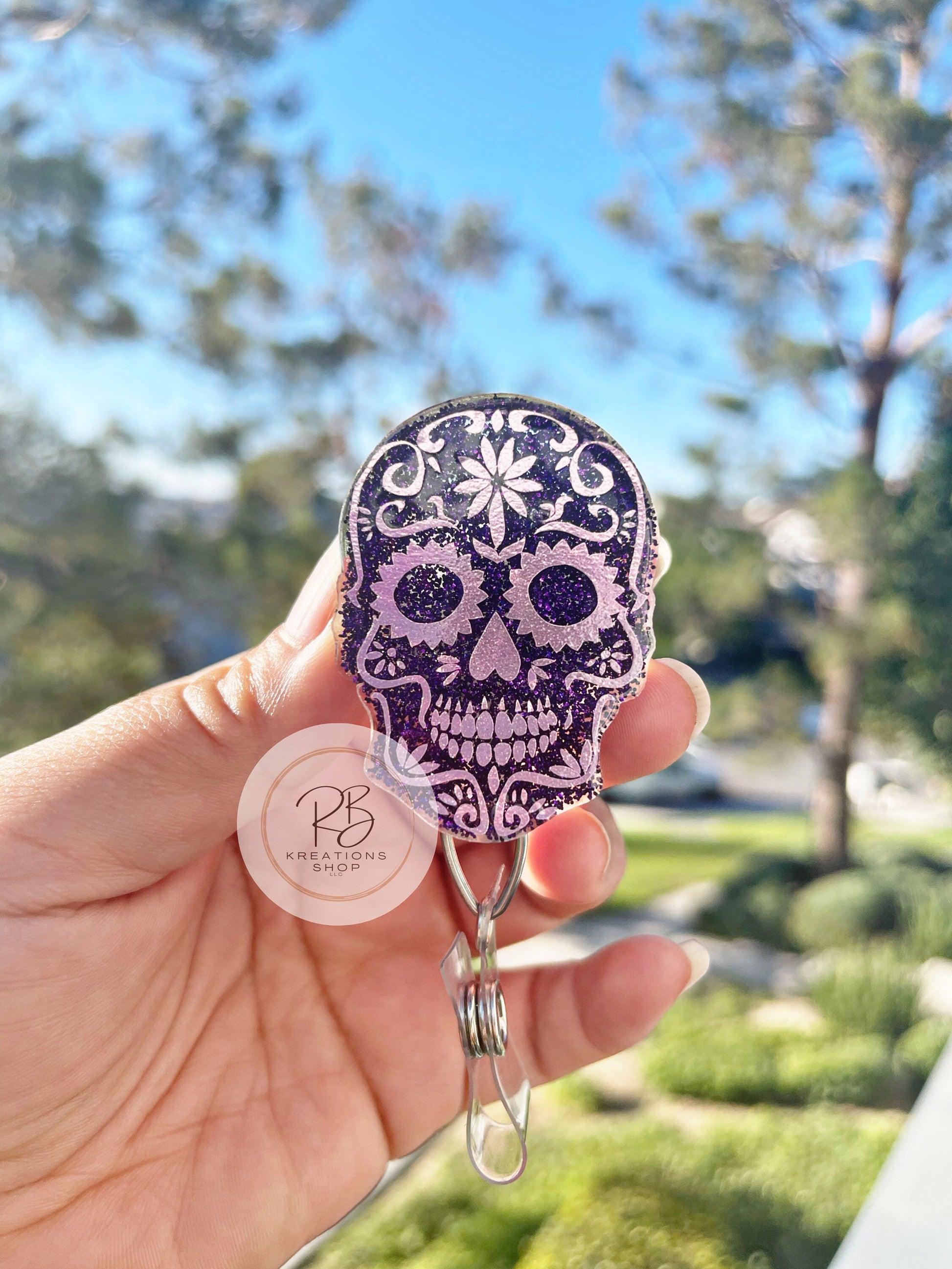 Pink Sugar Skull Badge Reel | Die de Los Muertos Badge Reel | Skull Badge Holder | Holiday Badge Holder | Nurses | Permanent / MRI Safe Clip